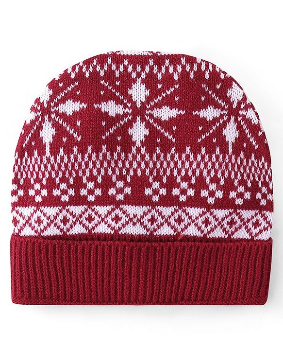 Babyhug Knitted Full Sleeves Sweater Set with Cap &  Intarsia Design - Red