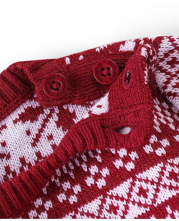 Babyhug Knitted Full Sleeves Sweater Set with Cap &  Intarsia Design - Red