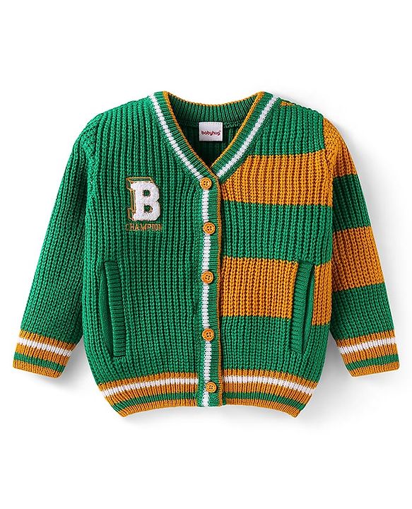 Babyhug Knitted Full Sleeves Front Open Sweater With Text Patch & Colour Block Design - Green & Yellow