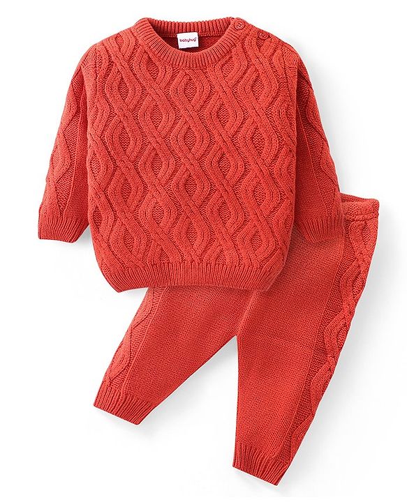Babyhug Knitted Full Sleeves Pullover Sweater Set with Cable Knit Design - Orange