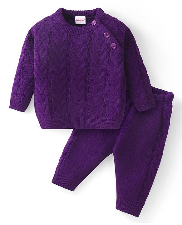 Babyhug Knit Full Sleeves Pullover Sweater Set with Cable Knit Design - Purple