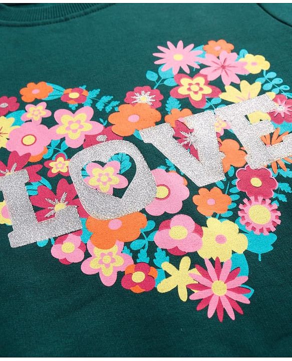 Pine Kids Cotton Knit Full Sleeves Sweatshirt With Floral Heart & Glitter Text Print - Teal
