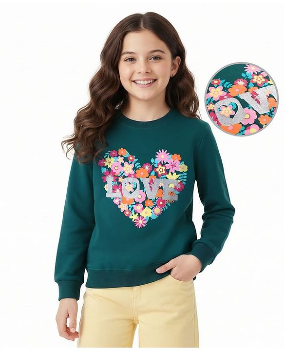 Pine Kids Cotton Knit Full Sleeves Sweatshirt With Floral Heart & Glitter Text Print - Teal