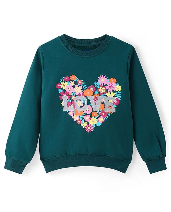 Pine Kids Cotton Knit Full Sleeves Sweatshirt With Floral Heart & Glitter Text Print - Teal