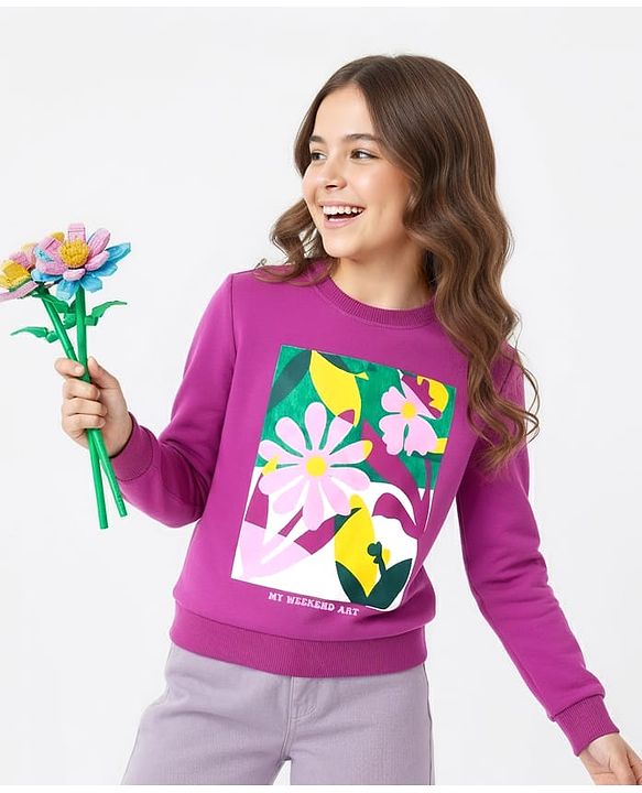 Pine Kids Cotton Knit Full Sleeves Sweatshirt With Floral Print - Purple