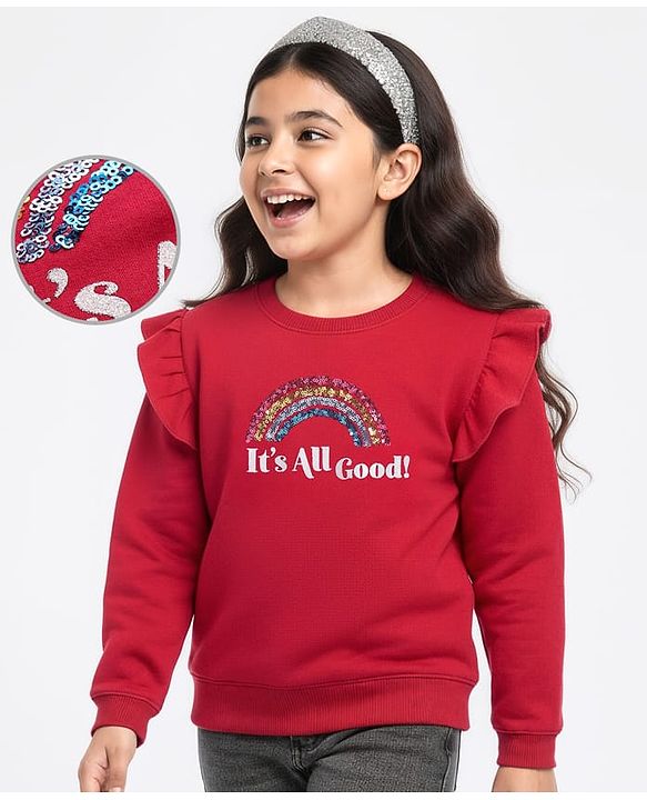 Pine Kids Cotton Knit Full Sleeves Sweatshirt With Sequined Rainbow Embroidery - Red