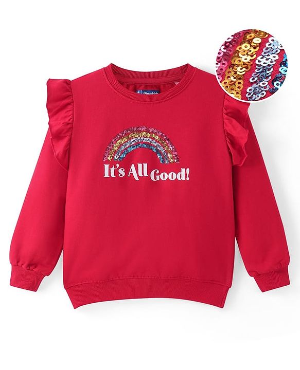 Pine Kids Cotton Knit Full Sleeves Sweatshirt With Sequined Rainbow Embroidery - Red