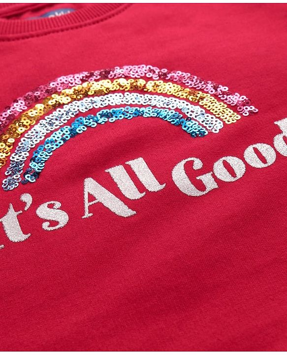 Pine Kids Cotton Knit Full Sleeves Sweatshirt With Sequined Rainbow Embroidery - Red