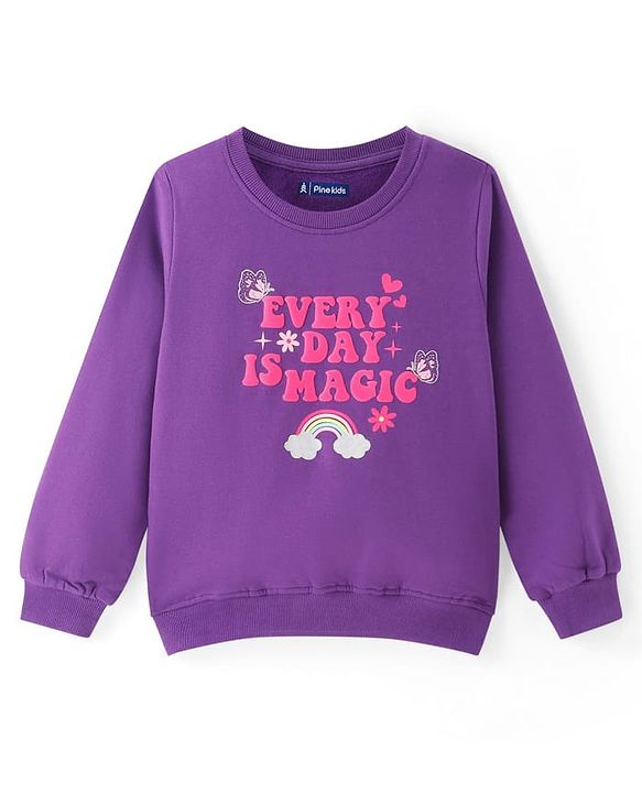 Pine Kids Cotton Knit Full Sleeves Sweatshirt With Rainbow & Text Print - Purple