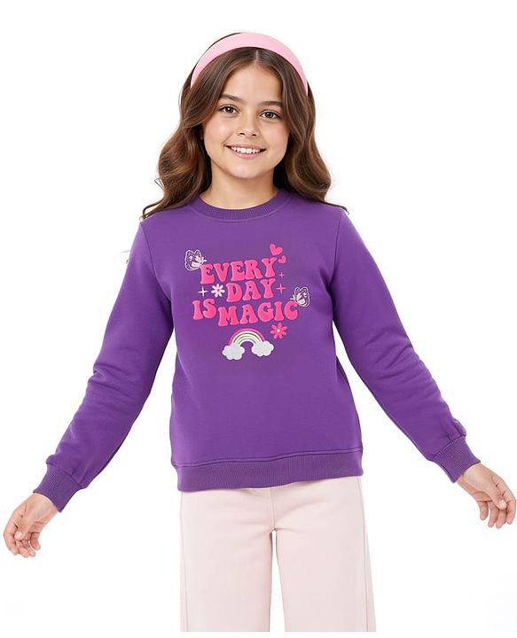 Pine Kids Cotton Knit Full Sleeves Sweatshirt With Rainbow & Text Print - Purple
