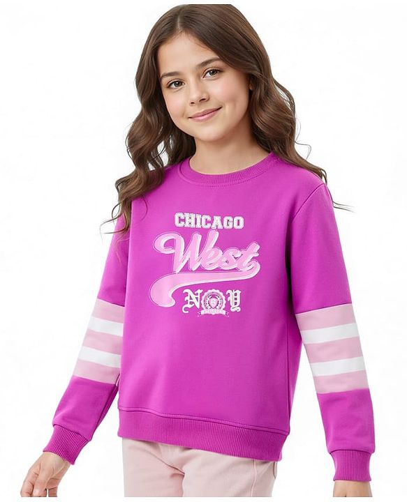 Pine Kids Cotton Knit Full Sleeves Sweatshirt With Stripes & Text Print - Purple