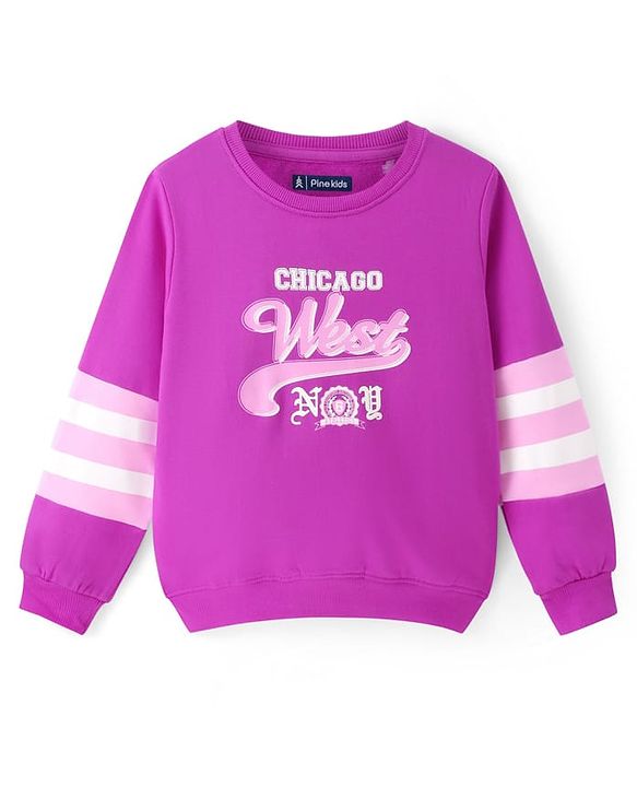 Pine Kids Cotton Knit Full Sleeves Sweatshirt With Stripes & Text Print - Purple