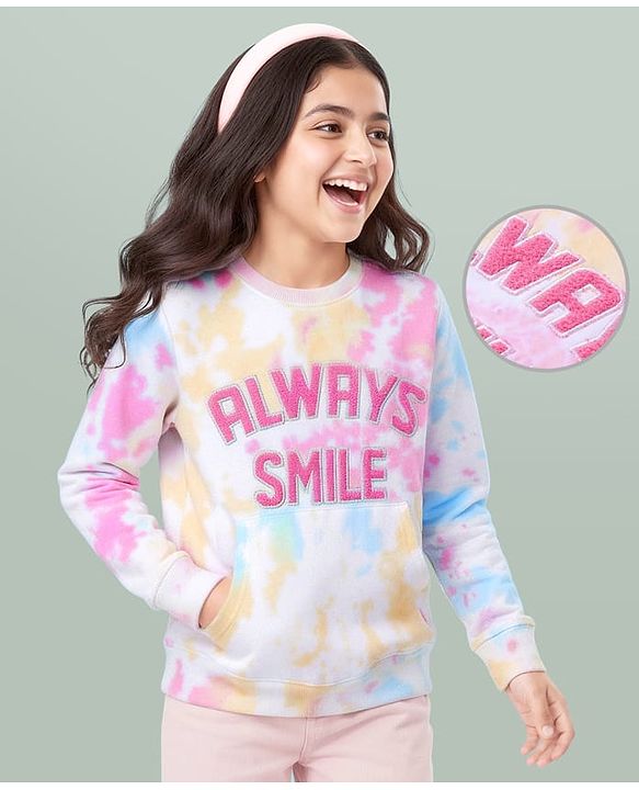 Pine Kids Cotton Knit Full Sleeves Sweatshirt with Text Embroidery & Kangaroo Pockets - White
