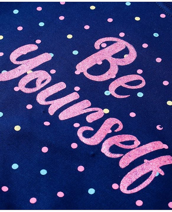 Pine Kids Cotton Knit Full Sleeves Sweatshirt Polka Dots & Glitter Text Print with Frill Detailing - Navy Blue