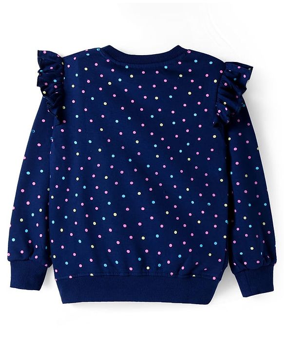 Pine Kids Cotton Knit Full Sleeves Sweatshirt Polka Dots & Glitter Text Print with Frill Detailing - Navy Blue