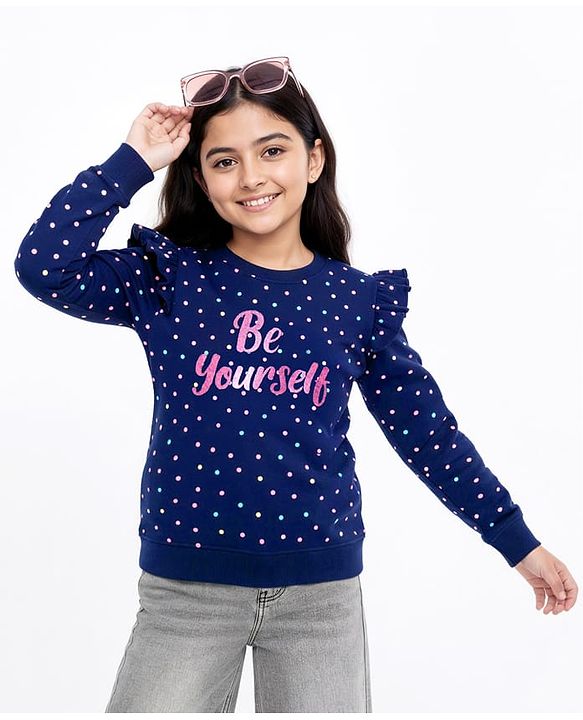 Pine Kids Cotton Knit Full Sleeves Sweatshirt Polka Dots & Glitter Text Print with Frill Detailing - Navy Blue
