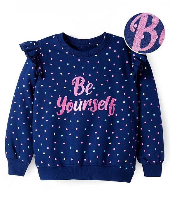 Pine Kids Cotton Knit Full Sleeves Sweatshirt Polka Dots & Glitter Text Print with Frill Detailing - Navy Blue