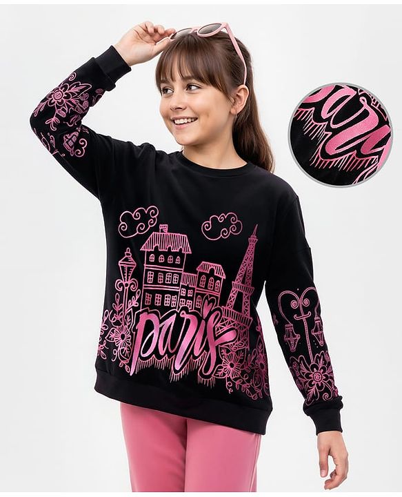 Pine Kids Velour Knit Full Sleeves Sweatshirt With Paris Theme Print - Black