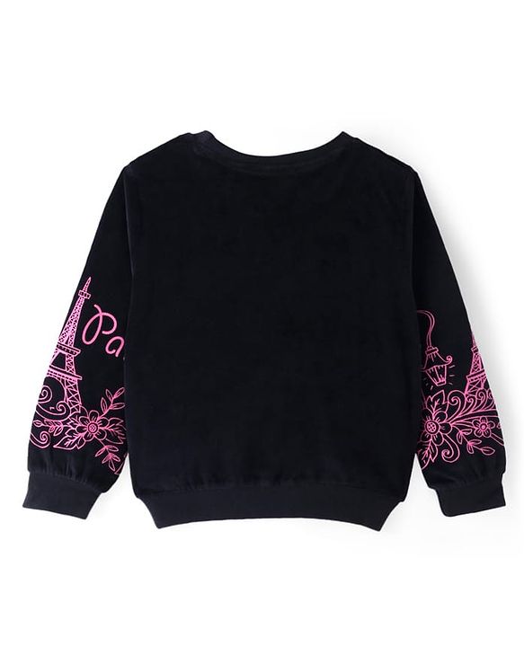 Pine Kids Velour Knit Full Sleeves Sweatshirt With Paris Theme Print - Black