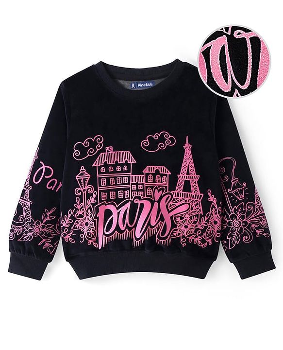 Pine Kids Velour Knit Full Sleeves Sweatshirt With Paris Theme Print - Black