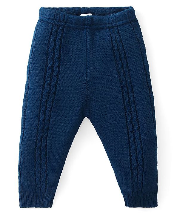 Babyhug Fleece Knit Full Length Woollen Pants With Cable Knit Design - Navy