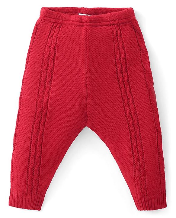 Babyhug Fleece Knit Full Length Woollen Pants With Cable Knit Design - Red