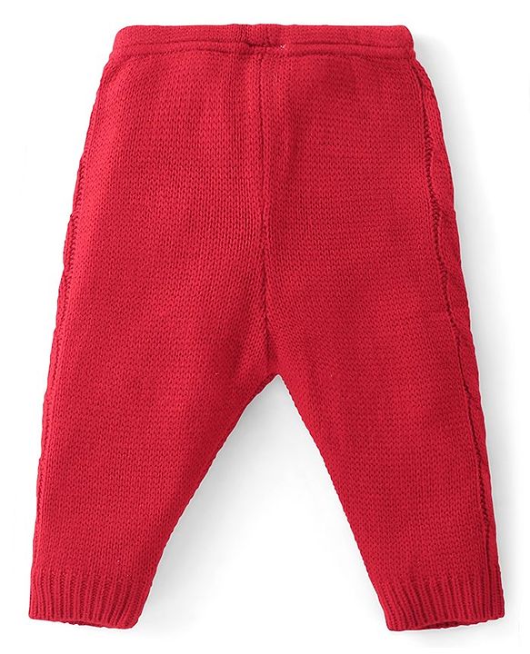 Babyhug Fleece Knit Full Length Woollen Pants With Cable Knit Design - Red