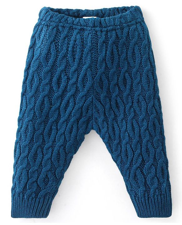 Babyhug Cable Knit Design Fleece & Woollen Pant Solid Colour - Teal Blue