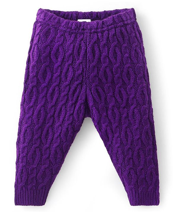 Babyhug Fleece Knit Full Length Woollen Pants With Cable Knit Design - Purple