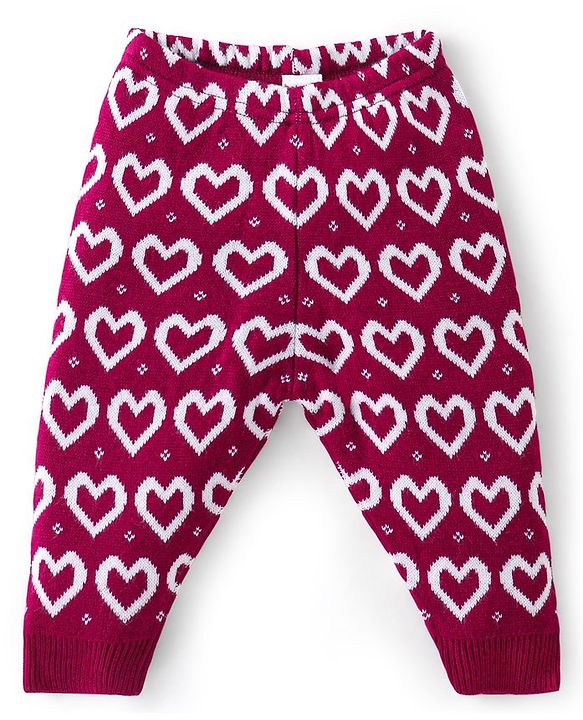 Babyhug Knit Full Length Fleece Bottom Hearts Printed - Red