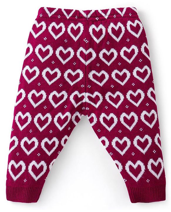 Babyhug Knit Full Length Fleece Bottom Hearts Printed - Red