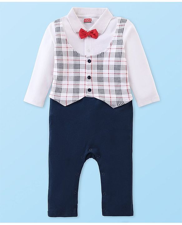 Babyhug Interlock Cotton Knit Full Sleeves Party Romper with Attached Checked Waist Coat & Bow Detailing - Navy Blue