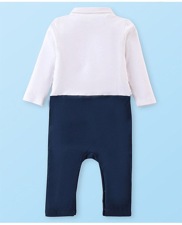 Babyhug Interlock Cotton Knit Full Sleeves Party Romper with Attached Checked Waist Coat & Bow Detailing - Navy Blue