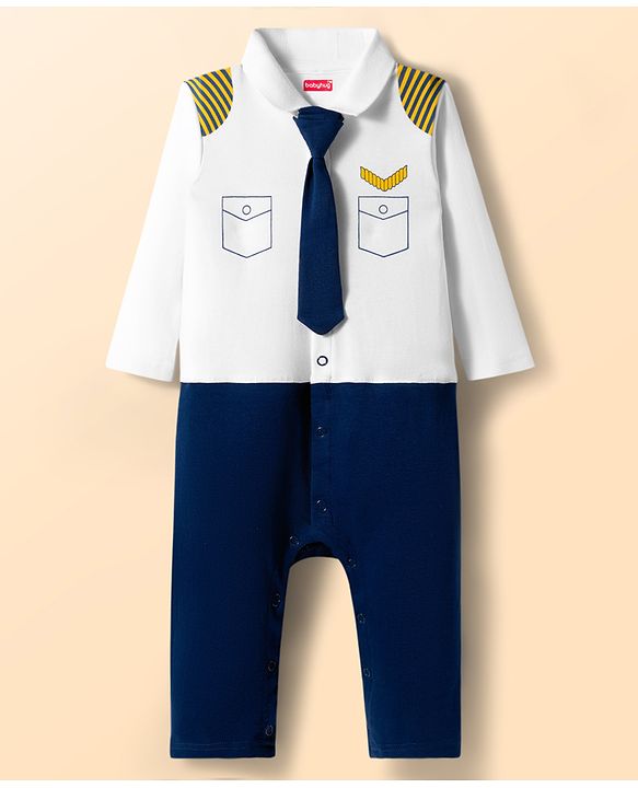 Babyhug 100% Cotton Knit Interlock Full Sleeves Romper with Tie Pocket Print - Navy Blue