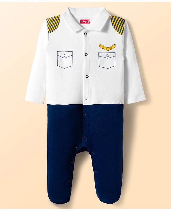 Babyhug 100% Cotton Knit Interlock Full Sleeves Romper with Tie Pocket Print - Navy Blue