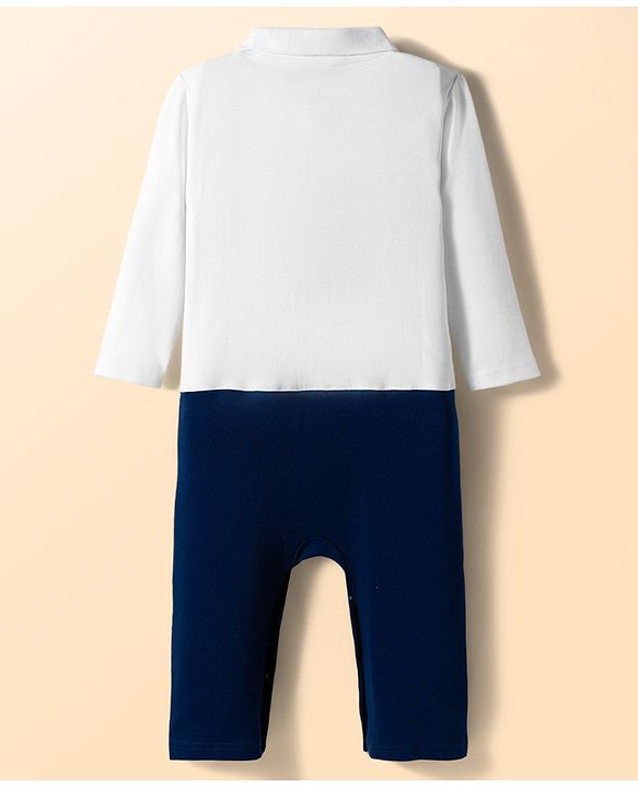 Babyhug 100% Cotton Knit Interlock Full Sleeves Romper with Tie Pocket Print - Navy Blue