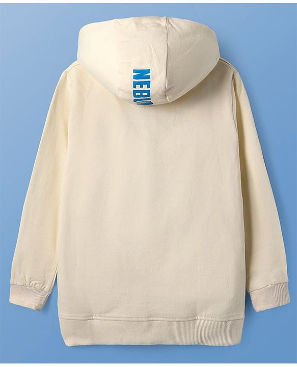 Pine Kids Cotton Knit Full Sleeves Hooded Sweatshirt with Space Theme Print - Cream