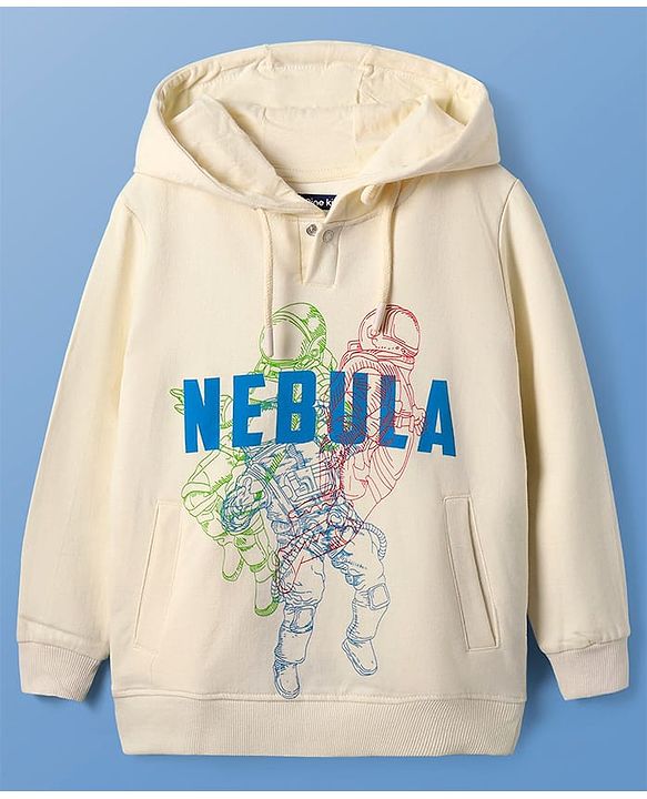 Pine Kids Cotton Knit Full Sleeves Hooded Sweatshirt with Space Theme Print - Cream