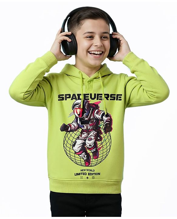 Pine Kids Cotton Knit Full Sleeves Hooded Sweatshirt with Space Theme Print - Lime Green