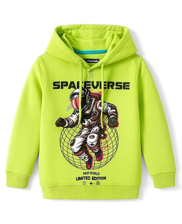 Pine Kids Cotton Knit Full Sleeves Hooded Sweatshirt with Space Theme Print - Lime Green