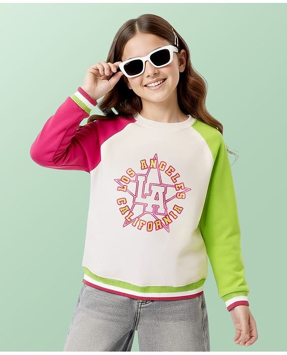 Pine Kids Cotton Knit Full Raglan Sleeves Sweatshirt with Text Print -Green Red & White