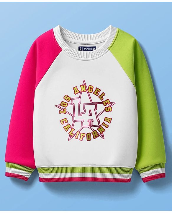Pine Kids Cotton Knit Full Raglan Sleeves Sweatshirt with Text Print -Green Red & White