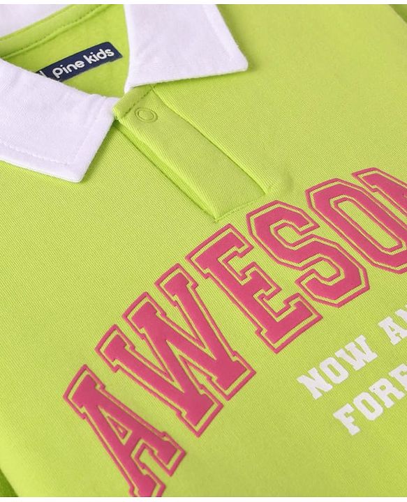 Pine Kids Cotton Knit Full Sleeves Polo Neck Sweatshirt with Text Print - Lime Green