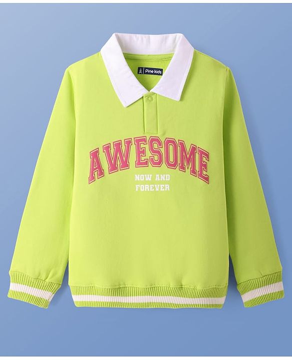 Pine Kids Cotton Knit Full Sleeves Polo Neck Sweatshirt with Text Print - Lime Green