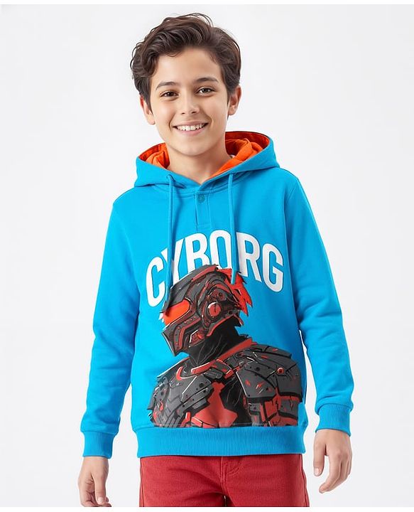 Pine Kids Cotton Knit Full Sleeves Hooded Sweatshirt with Cyborg Print - Blue