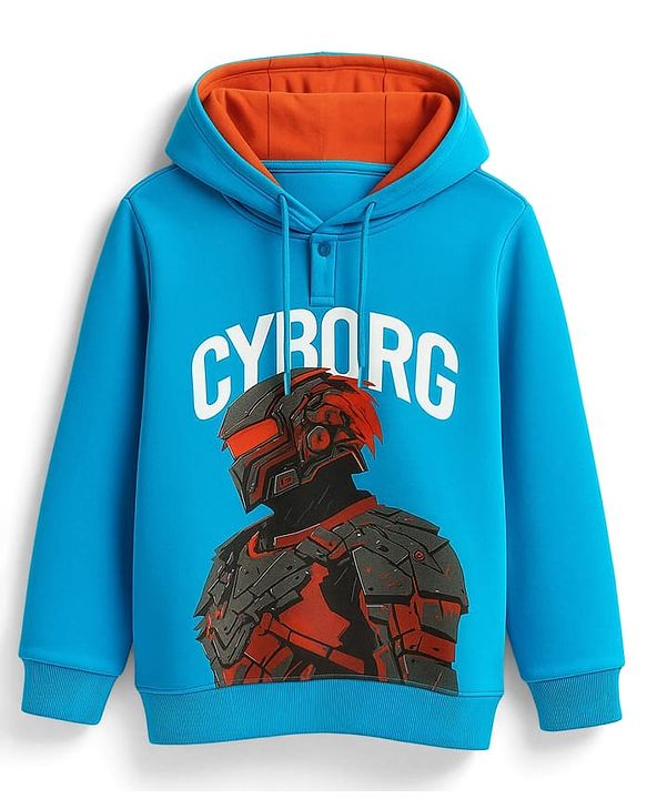 Pine Kids Cotton Knit Full Sleeves Hooded Sweatshirt with Cyborg Print - Blue
