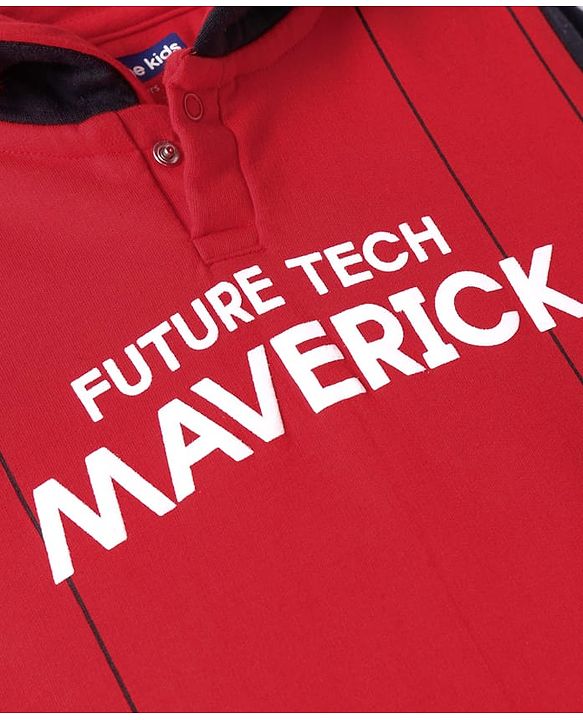 Pine Kids Cotton Knit Full Sleeves Hooded Sweatshirt with Text Print - Red