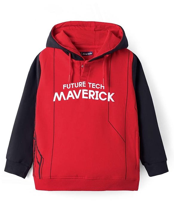 Pine Kids Cotton Knit Full Sleeves Hooded Sweatshirt with Text Print - Red