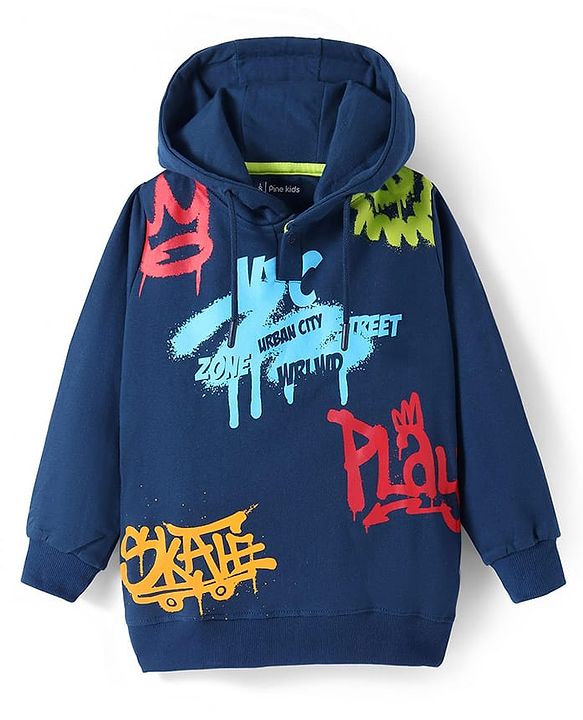 Pine Kids Cotton Knit Full Sleeves Graffiti Printed Hooded Sweatshirt - Navy Blue