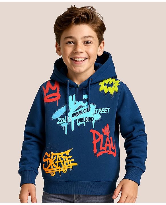Pine Kids Cotton Knit Full Sleeves Graffiti Printed Hooded Sweatshirt - Navy Blue
